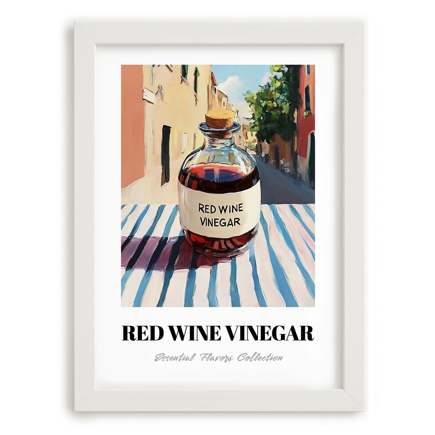 Red Wine Vinegar – Italian Café on the Corner, Pantry Wall Decor, placed in minimal white frame