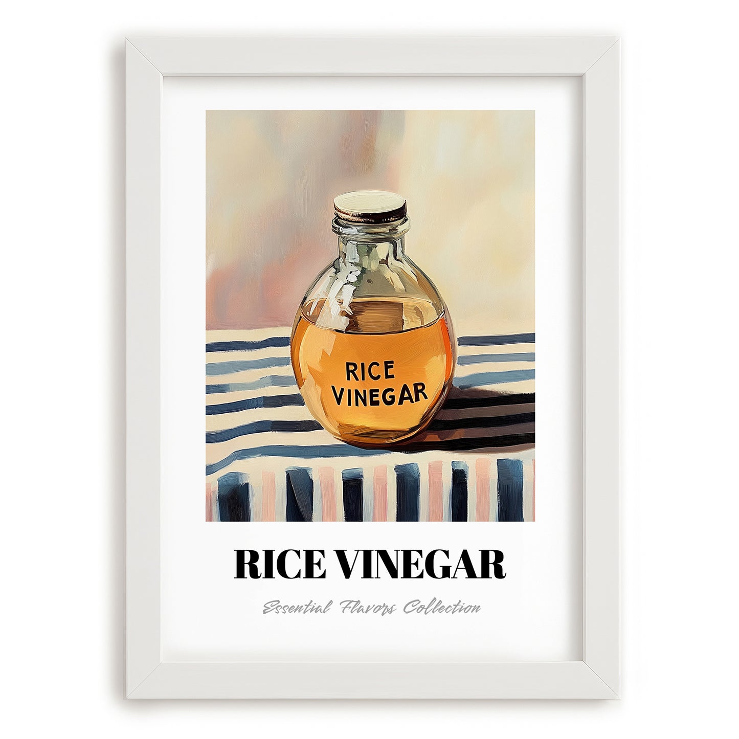 Rice Vinegar – on Striped Tablecloth, Pantry Painting, placed in minimal white frame