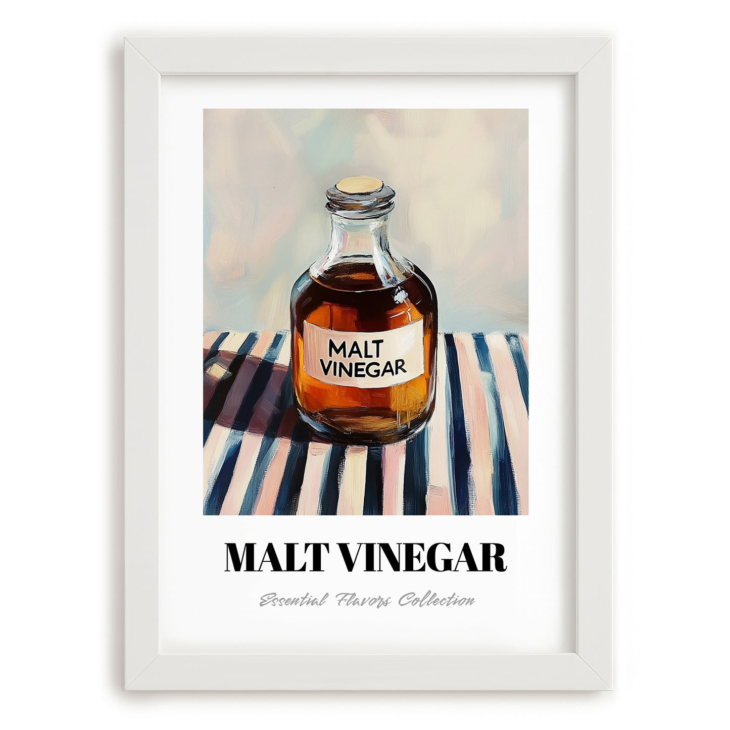 Malt Vinegar – on Striped Tablecloth, Food Stash Still Life, placed in minimal white frame