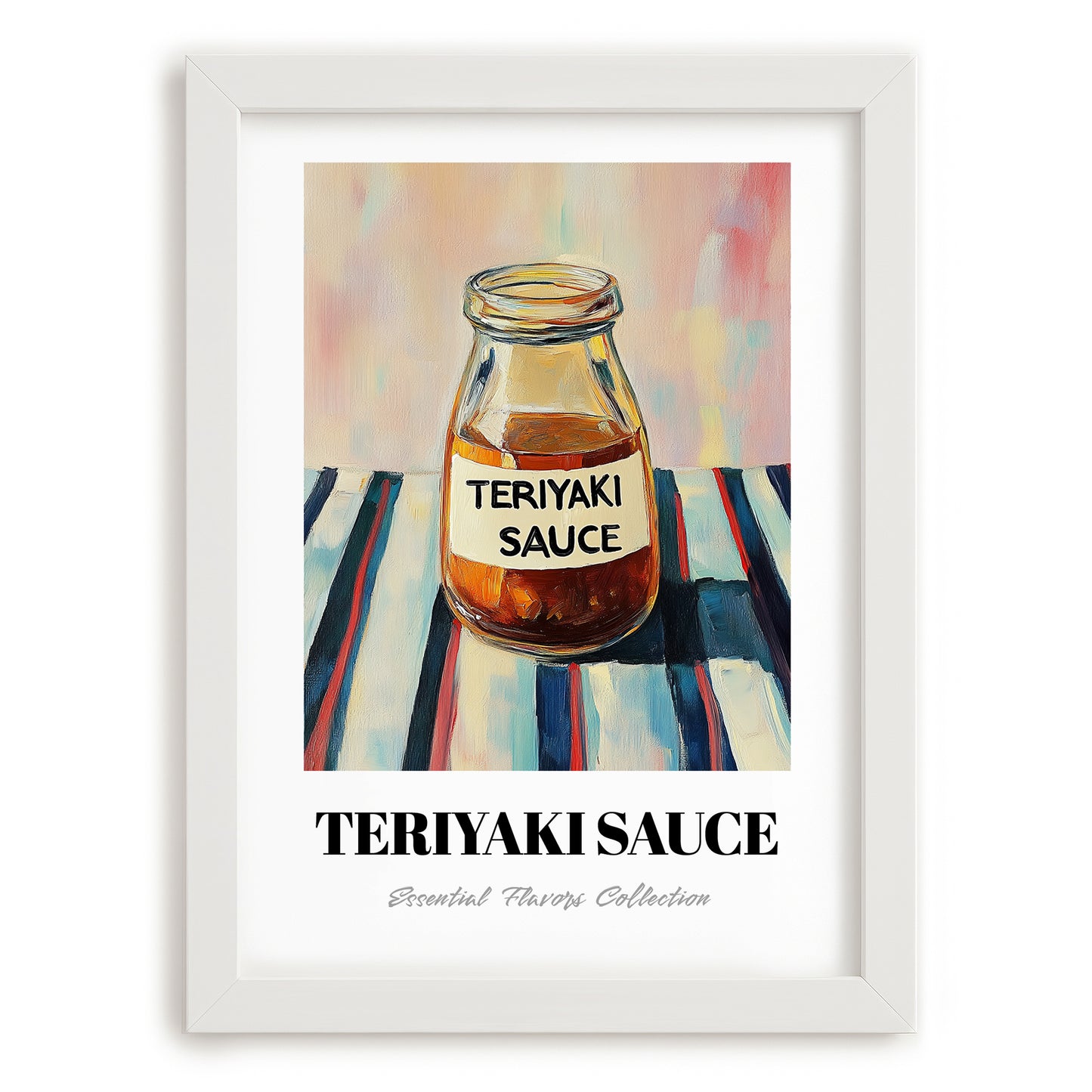 Teriyaki Sauce – on Striped Tablecloth, Ingredients Corner Wall Decor, placed in minimal white frame