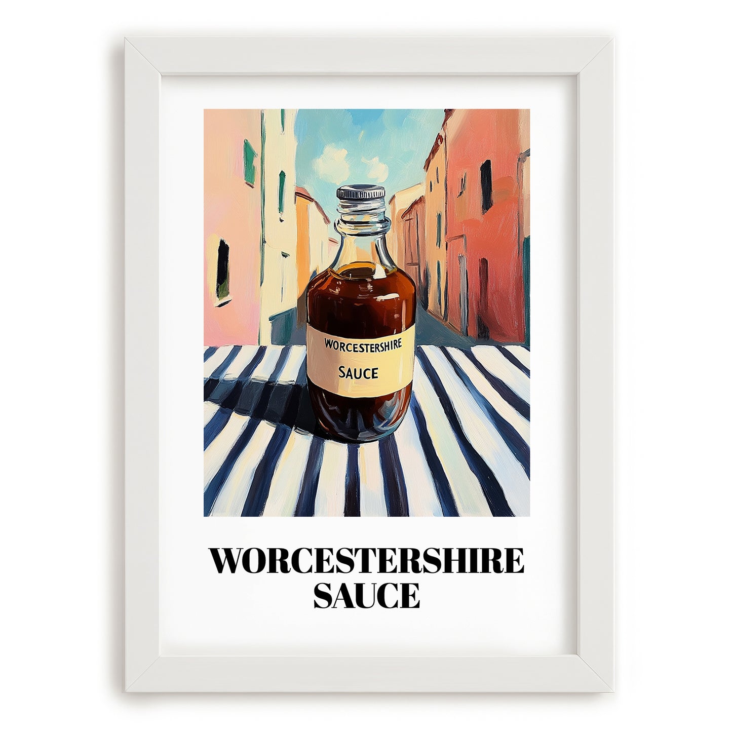 Worcestershire Sauce – Italian Urban Café Scene, Kitchen Storage Painting, placed in minimal white frame