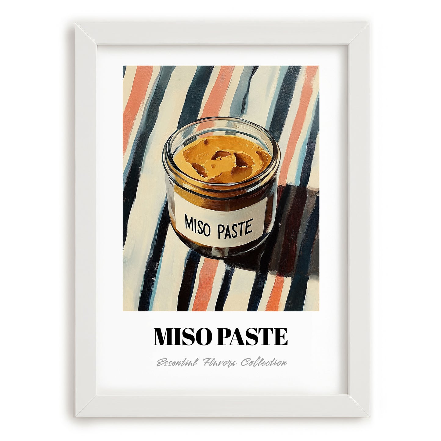 Miso Paste – on Striped Tablecloth, Larder Wall Art, placed in minimal white frame