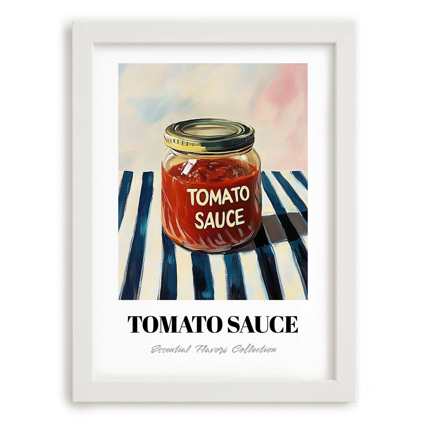 Tomato Sauce – on Striped Tablecloth, Grocery Still Life, placed in minimal white frame