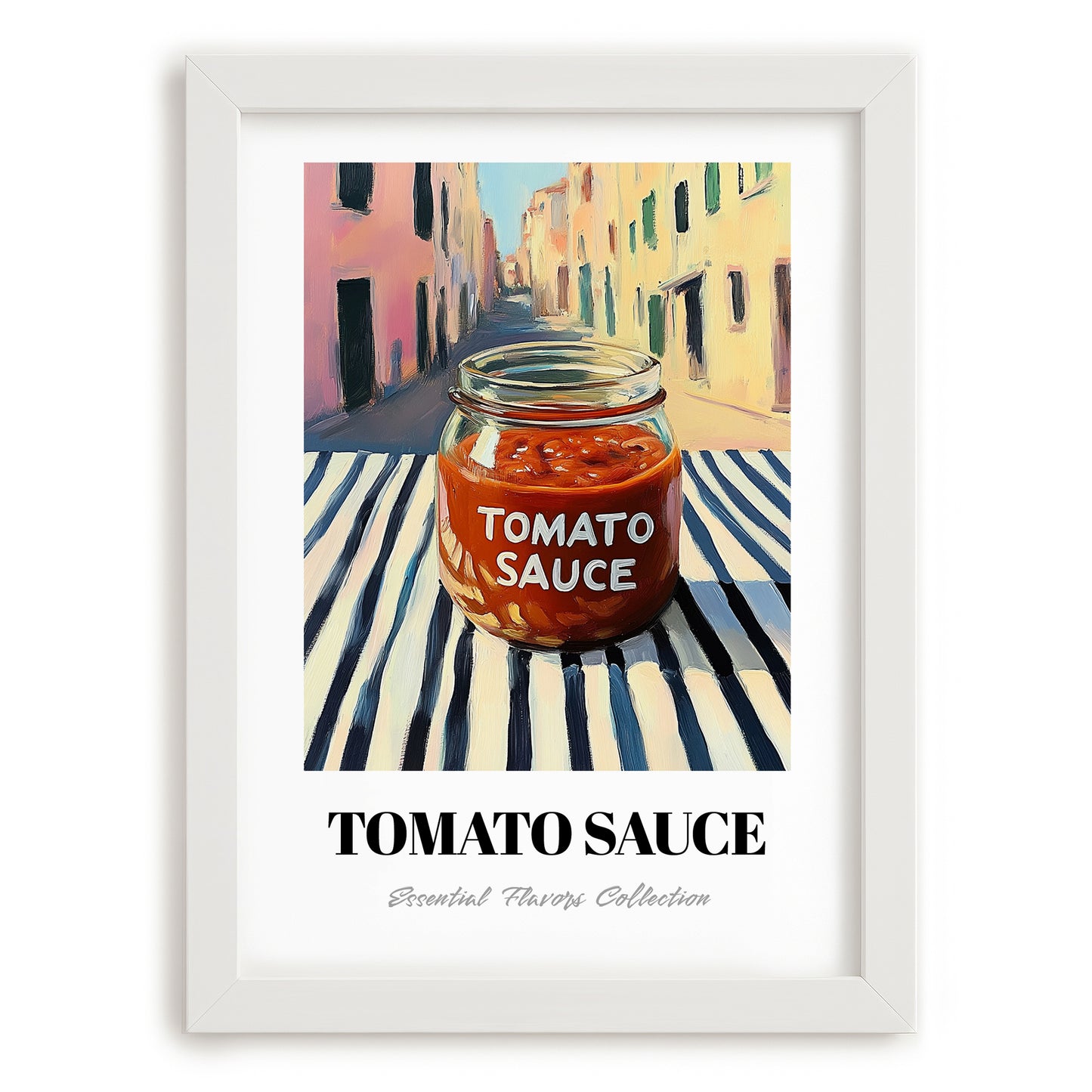 Tomato Sauce – Italian Street Café Scene, Grocery Wall Illustration, placed in minimal white frame