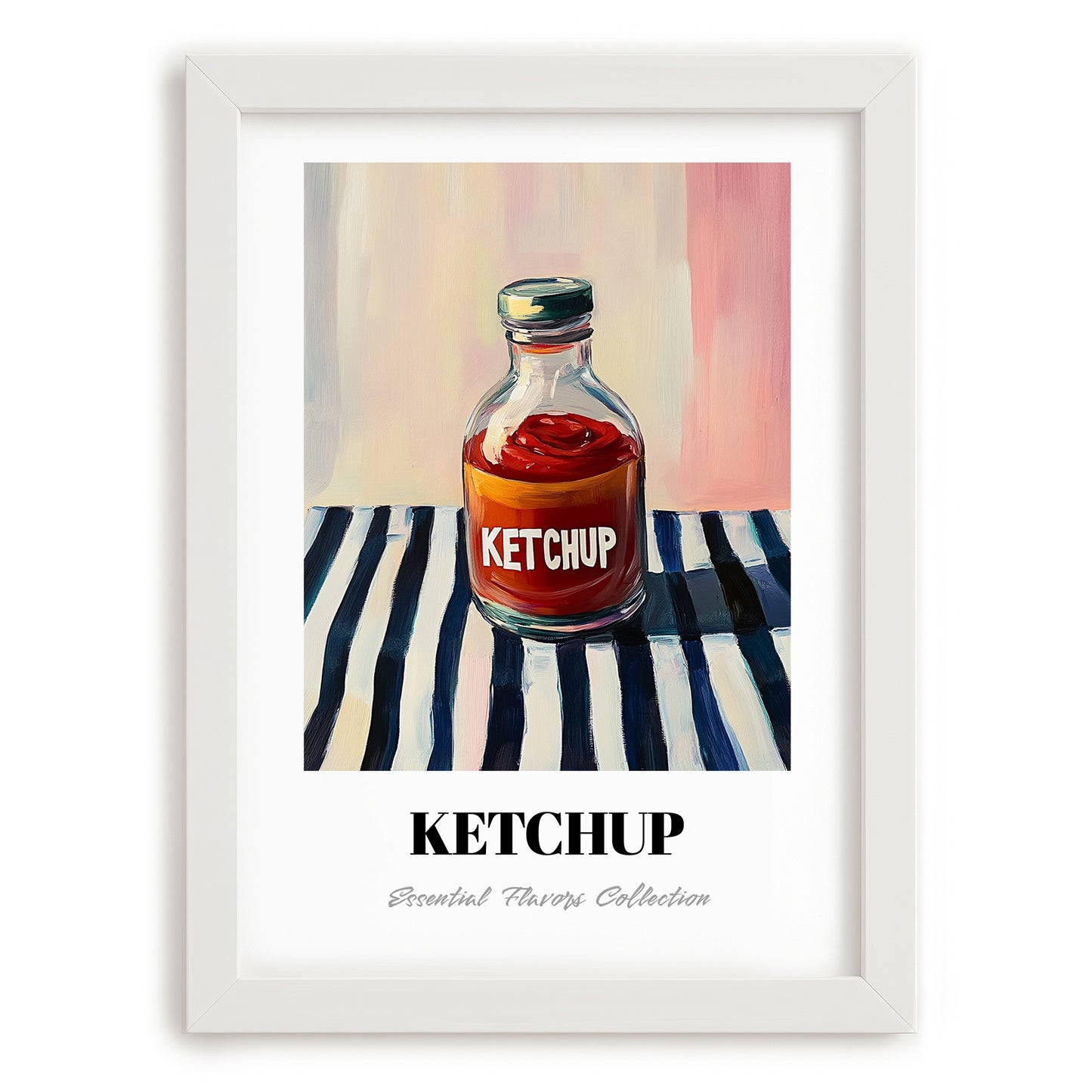 Ketchup – on Striped Tablecloth, Grocery Still Life, placed in minimal white frame