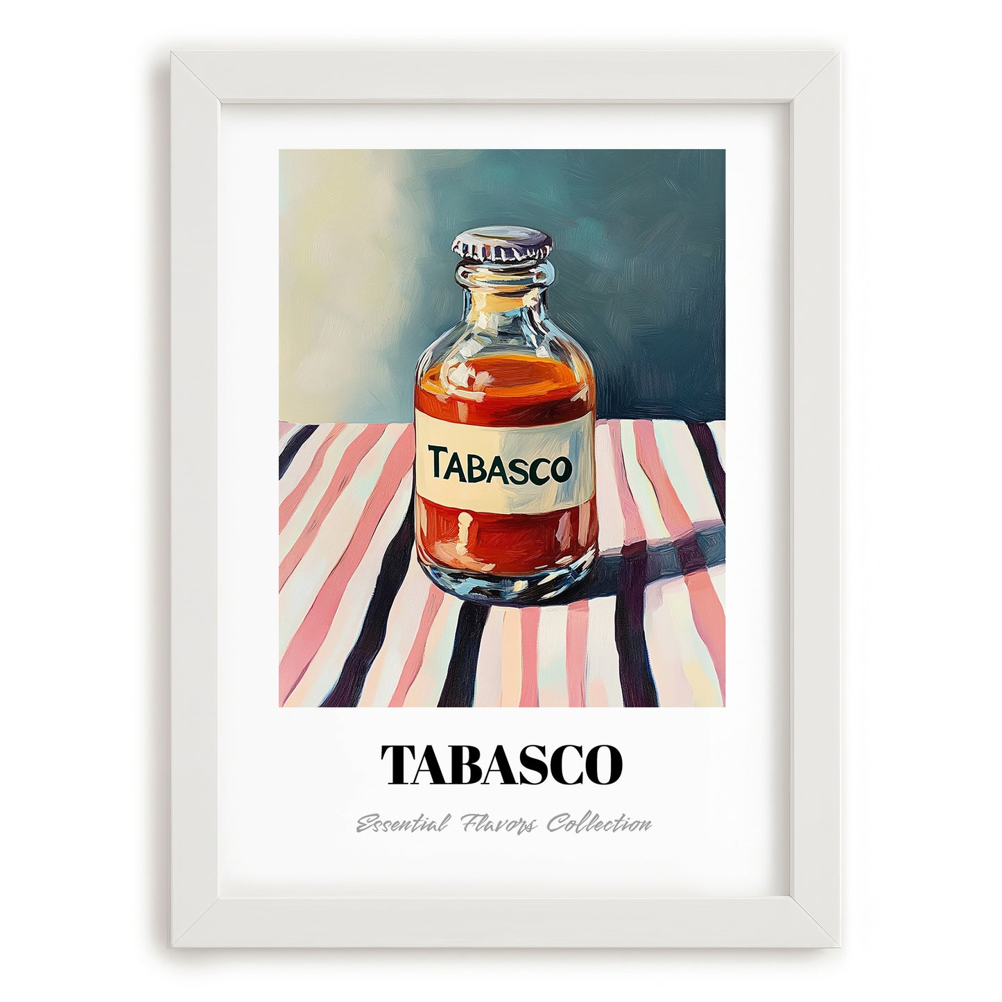 Tabasco – on Striped Tablecloth, Pantry Art, placed in minimal white frame
