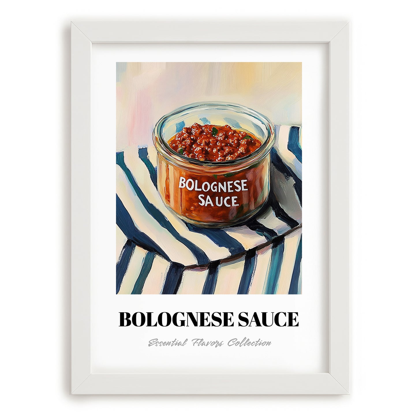 Bolognese Sauce – on Striped Tablecloth, Pantry Illustration, placed in minimal white frame