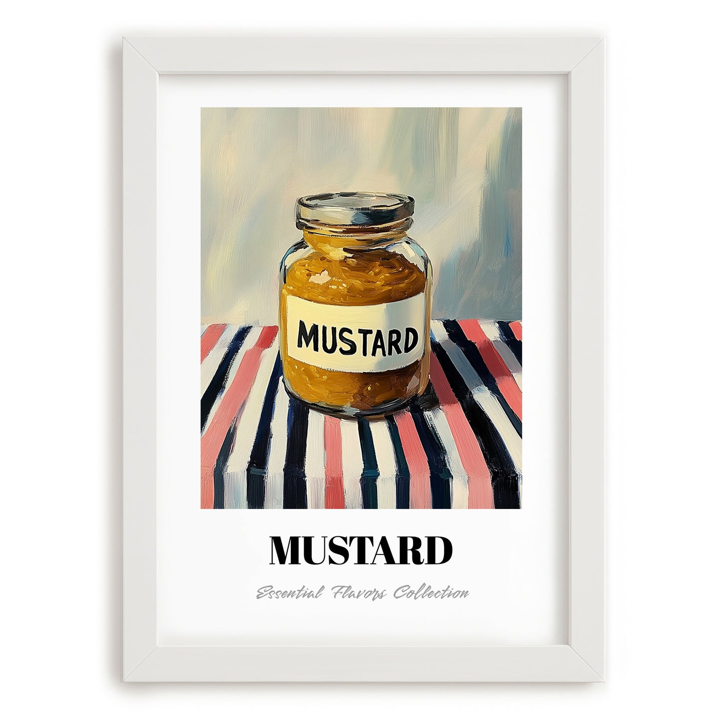 Mustard – on Striped Tablecloth, Bbq Wall Art, placed in minimal white frame