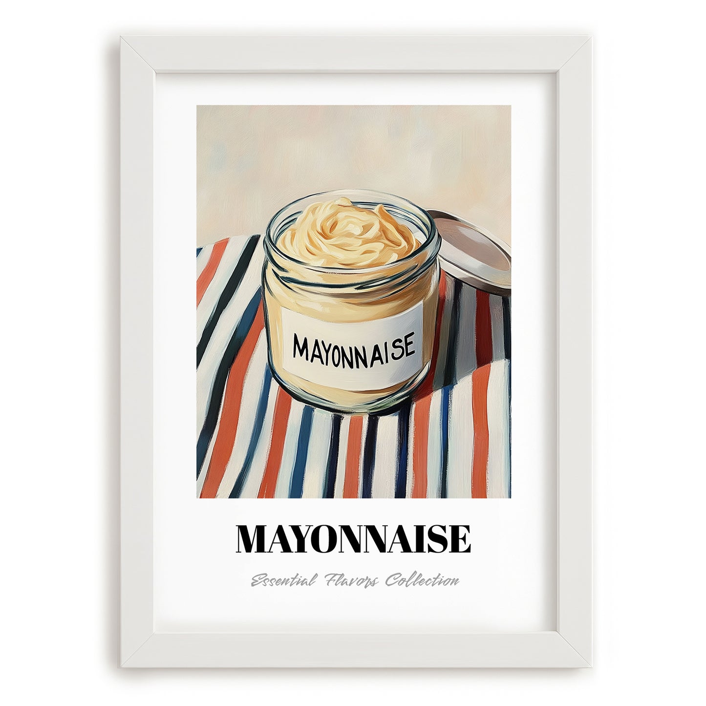Mayonnaise – on Striped Tablecloth, Ingredients Corner Wall Decor, placed in minimal white frame