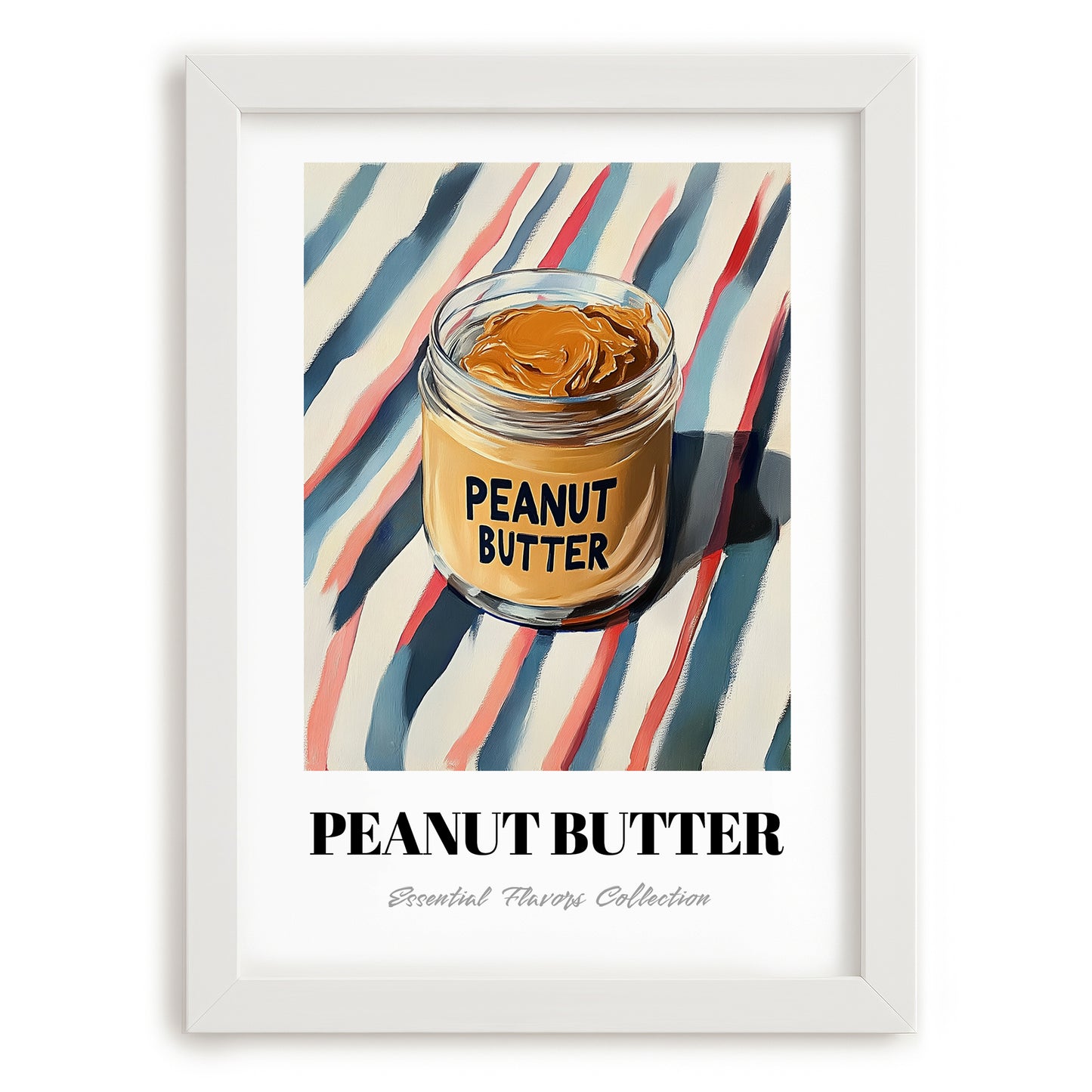 Peanut Butter – on Striped Tablecloth, Food Shelf Still Life, placed in minimal white frame