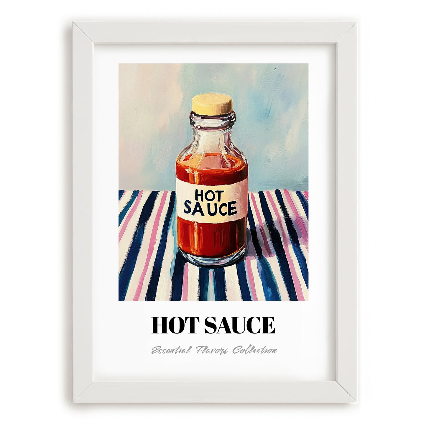 Hot Sauce – on Striped Tablecloth, Bbq Poster, placed in minimal white frame