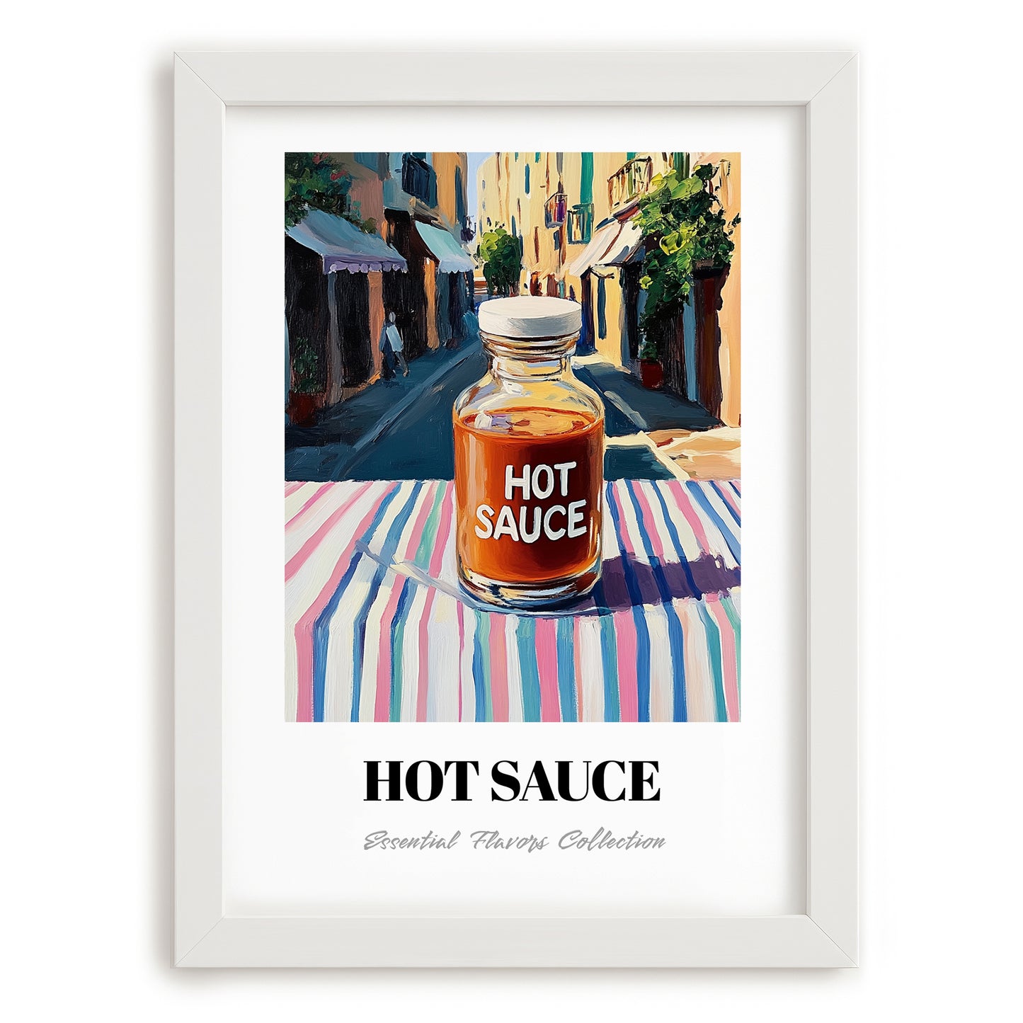 Hot Sauce – Italian Urban Café Scene, Bbq Print, placed in minimal white frame