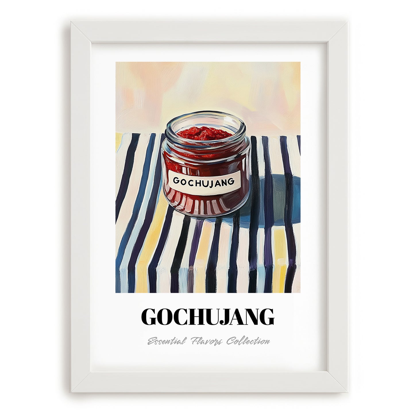 Gochujang – on Striped Tablecloth, Pantry Wall Art, placed in minimal white frame
