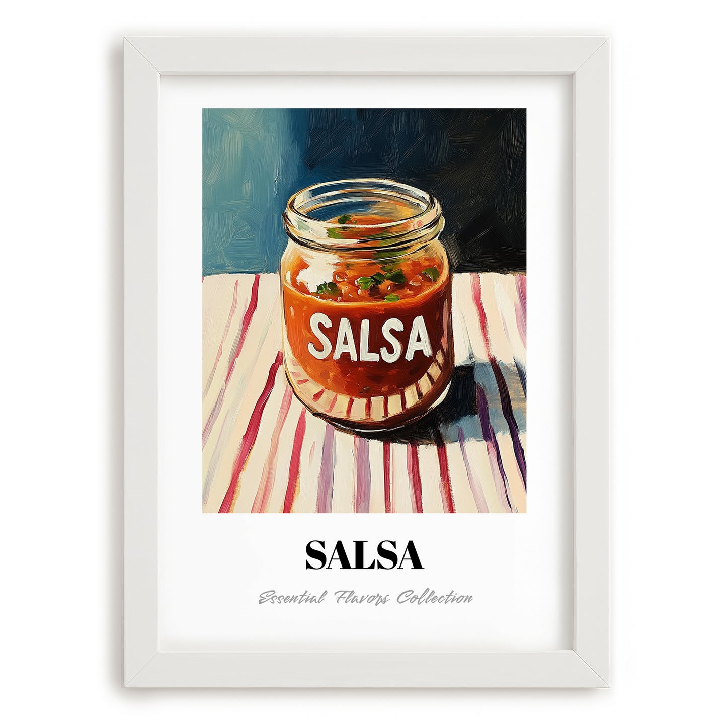 Salsa – on Striped Tablecloth, Shelf Stock Illustration, placed in minimal white frame