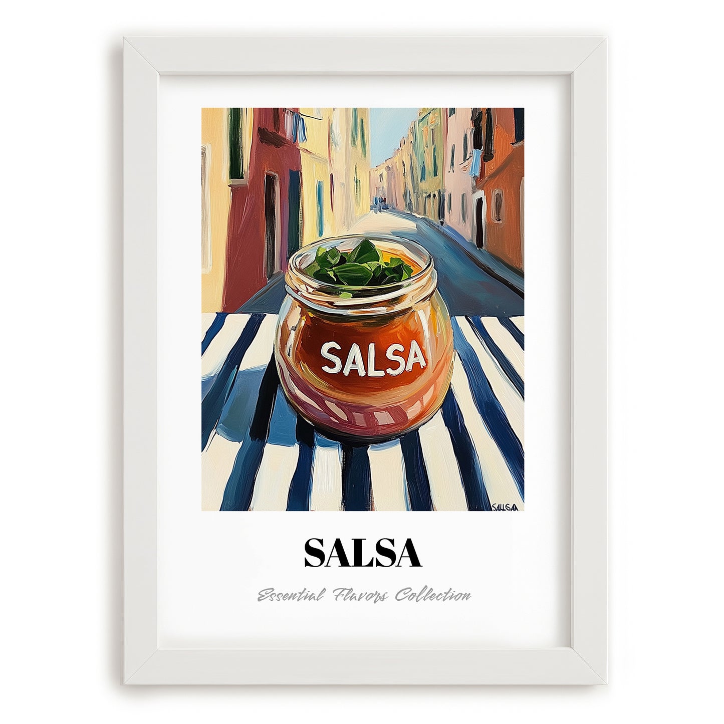 Salsa – Italian Outdoor Café Scene, Larder Still Life, placed in minimal white frame