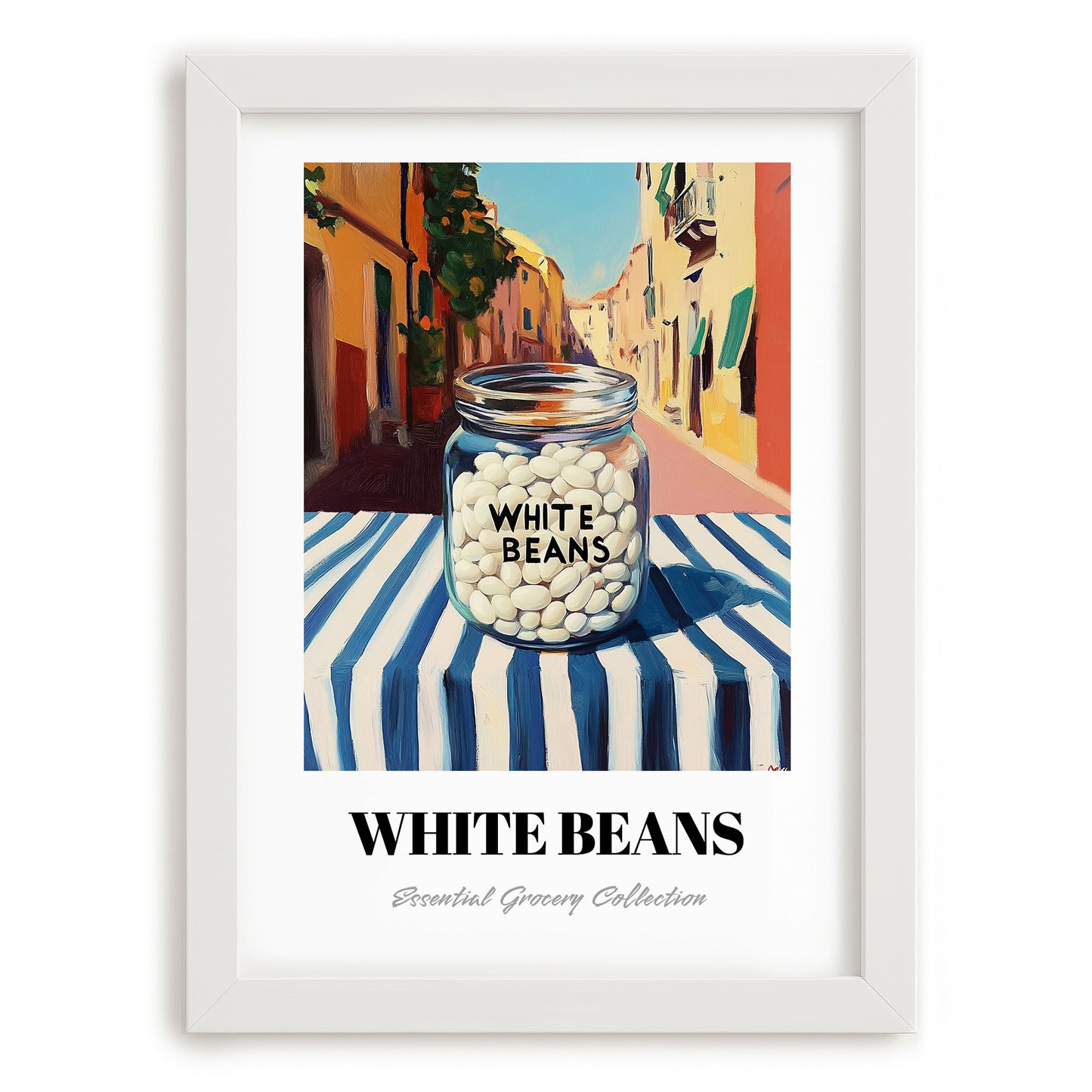 White Beans – Italian Outdoor Café Scene, Food Shelf Wall Decor, placed in minimal white frame
