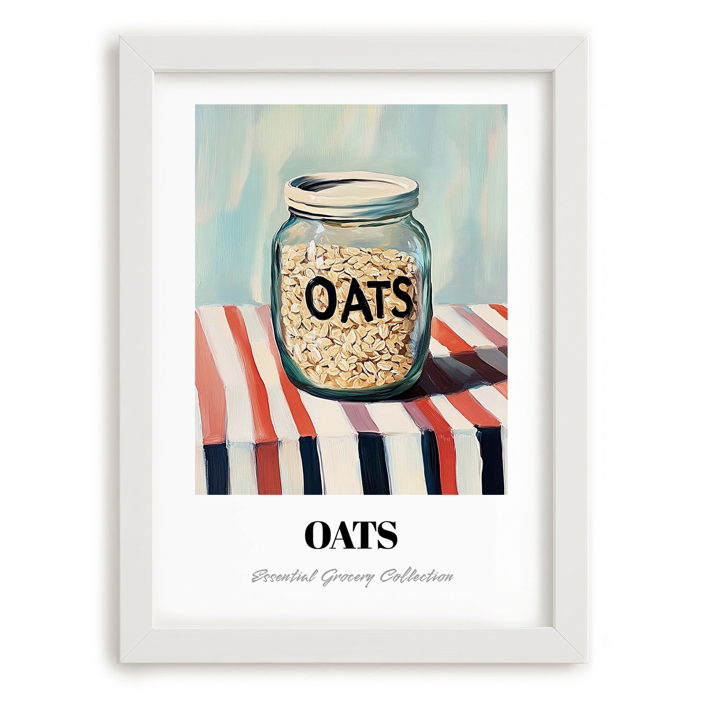 Oats – on Striped Tablecloth, Food Stash Painting, placed in minimal white frame