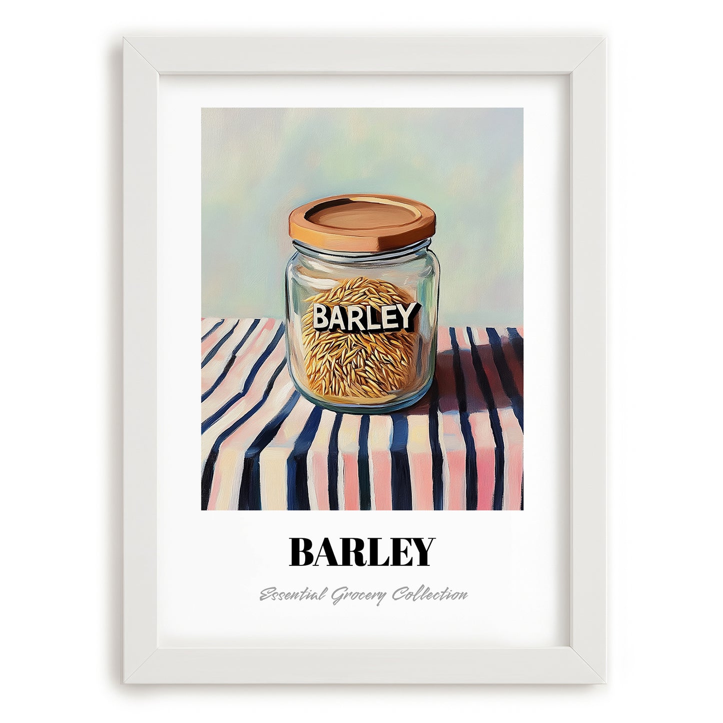Barley – on Striped Tablecloth, Food Stash Still Life, placed in minimal white frame