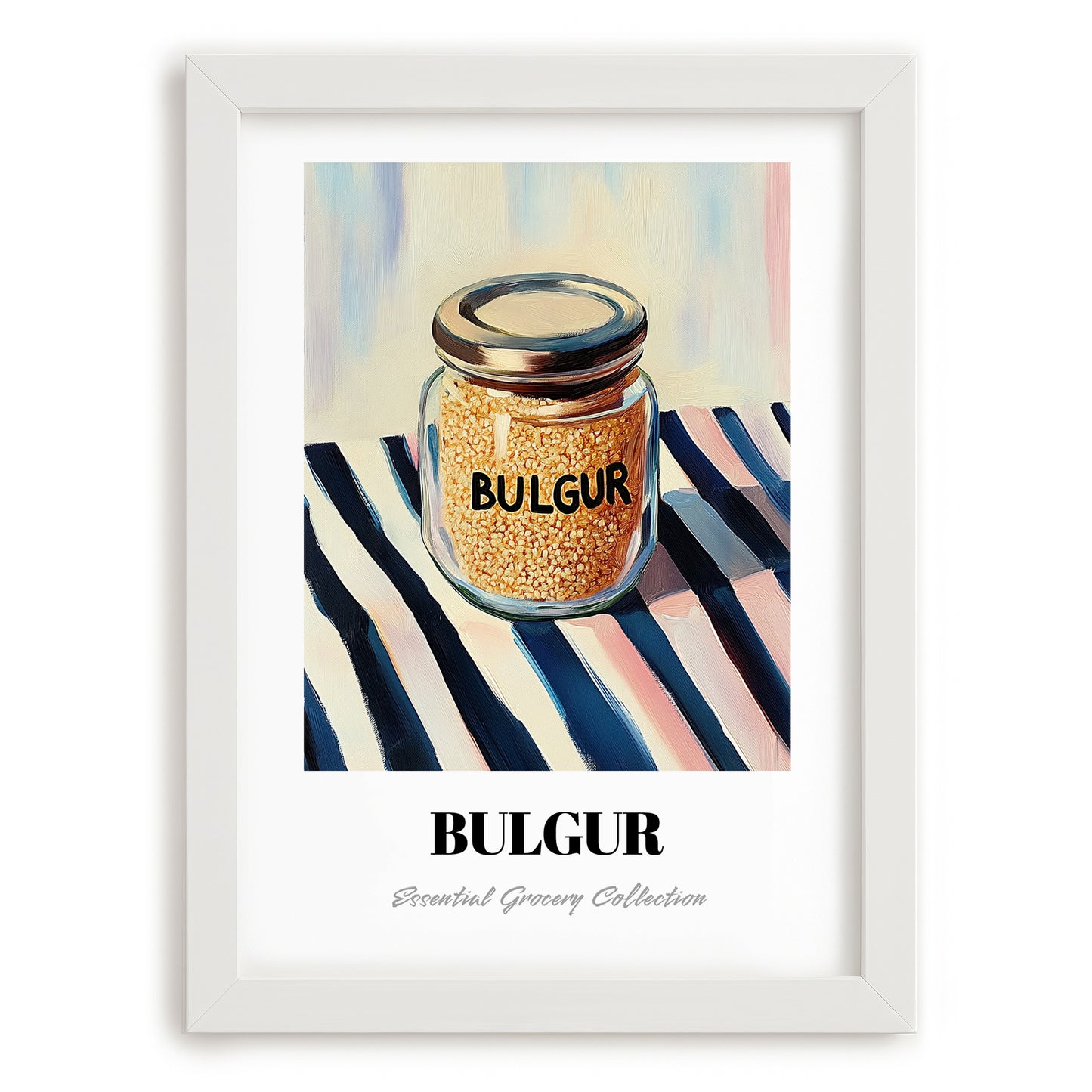 Bulgur – on Striped Tablecloth, Larder Wall Decor, placed in minimal white frame