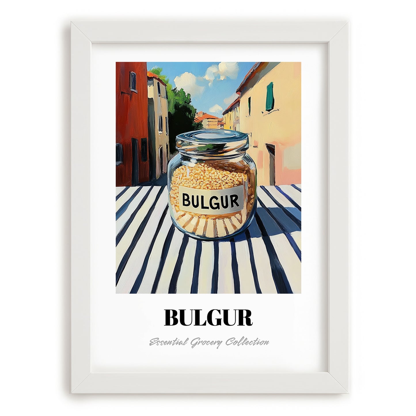Bulgur – Italian Outdoor Café Scene, Dry Goods Illustration, placed in minimal white frame