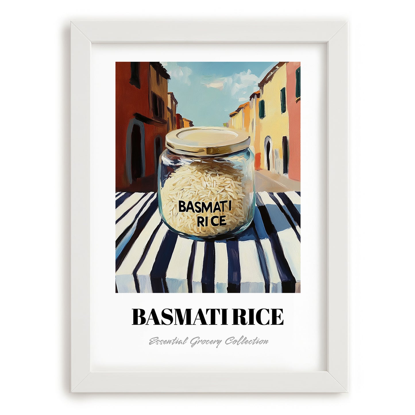 Basmati Rice – Italian Street Café Scene, Pantry Wall Decor, placed in minimal white frame