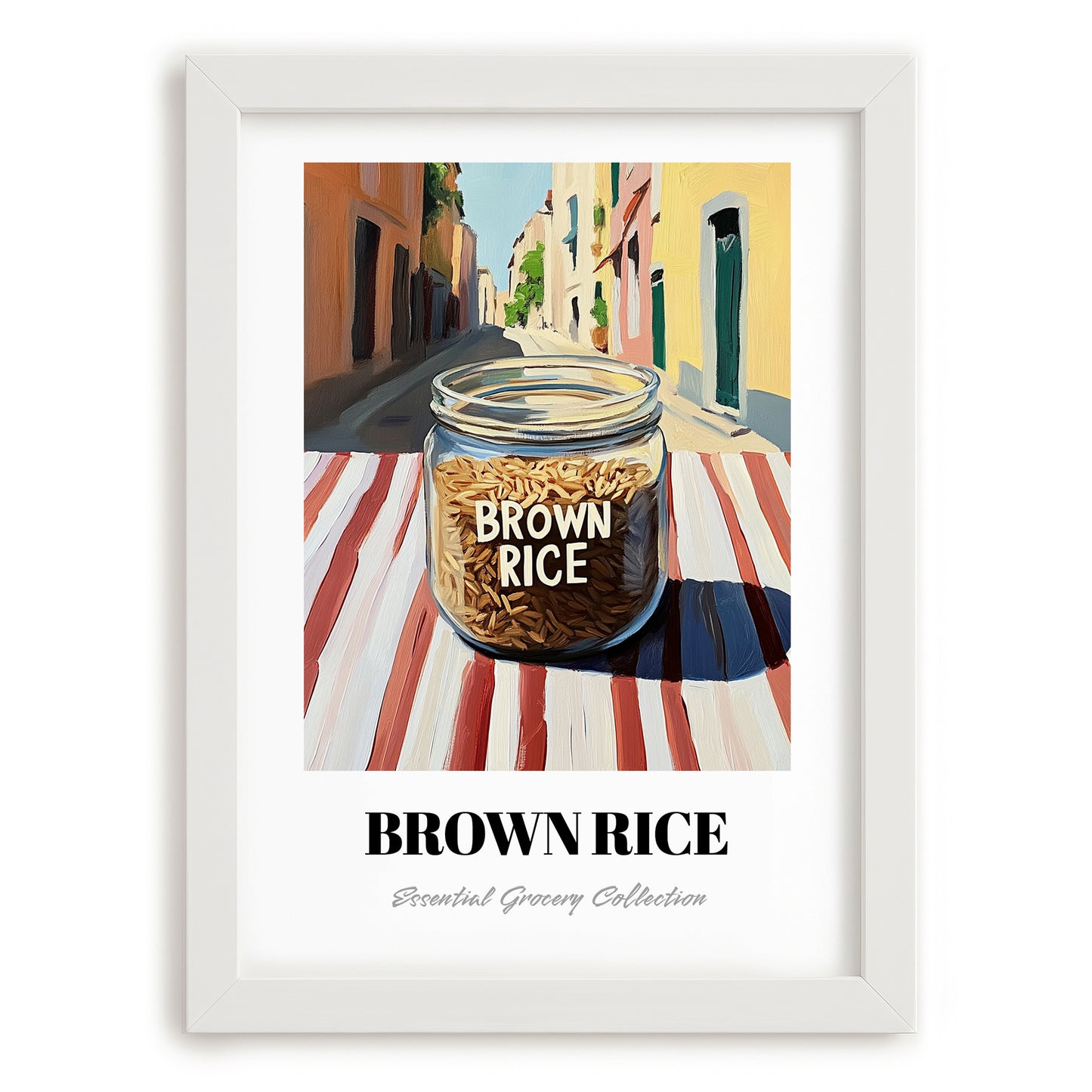 Brown Rice – Italian Urban Café Scene, Kitchen Storage Illustration, placed in minimal white frame