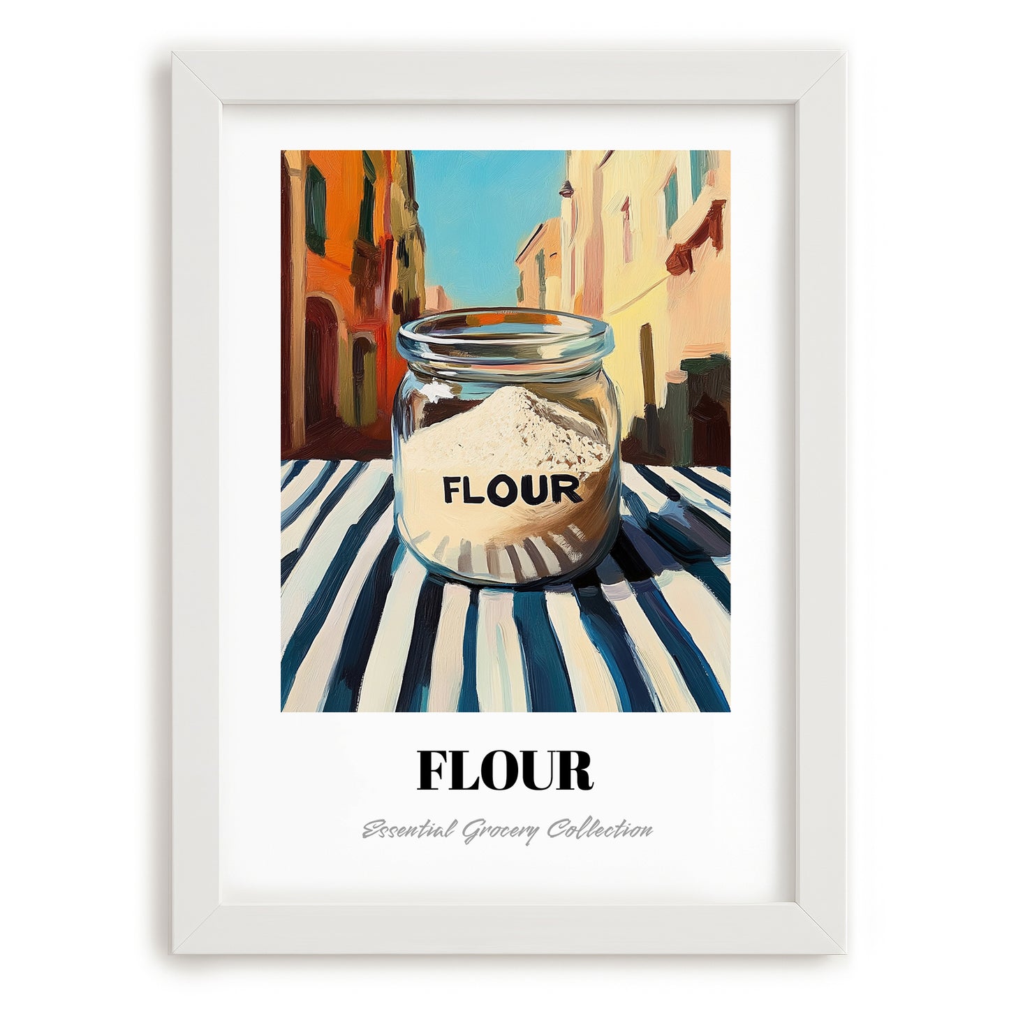 Flour – Italian Street Café Scene, Dough Wall Art, placed in minimal white frame