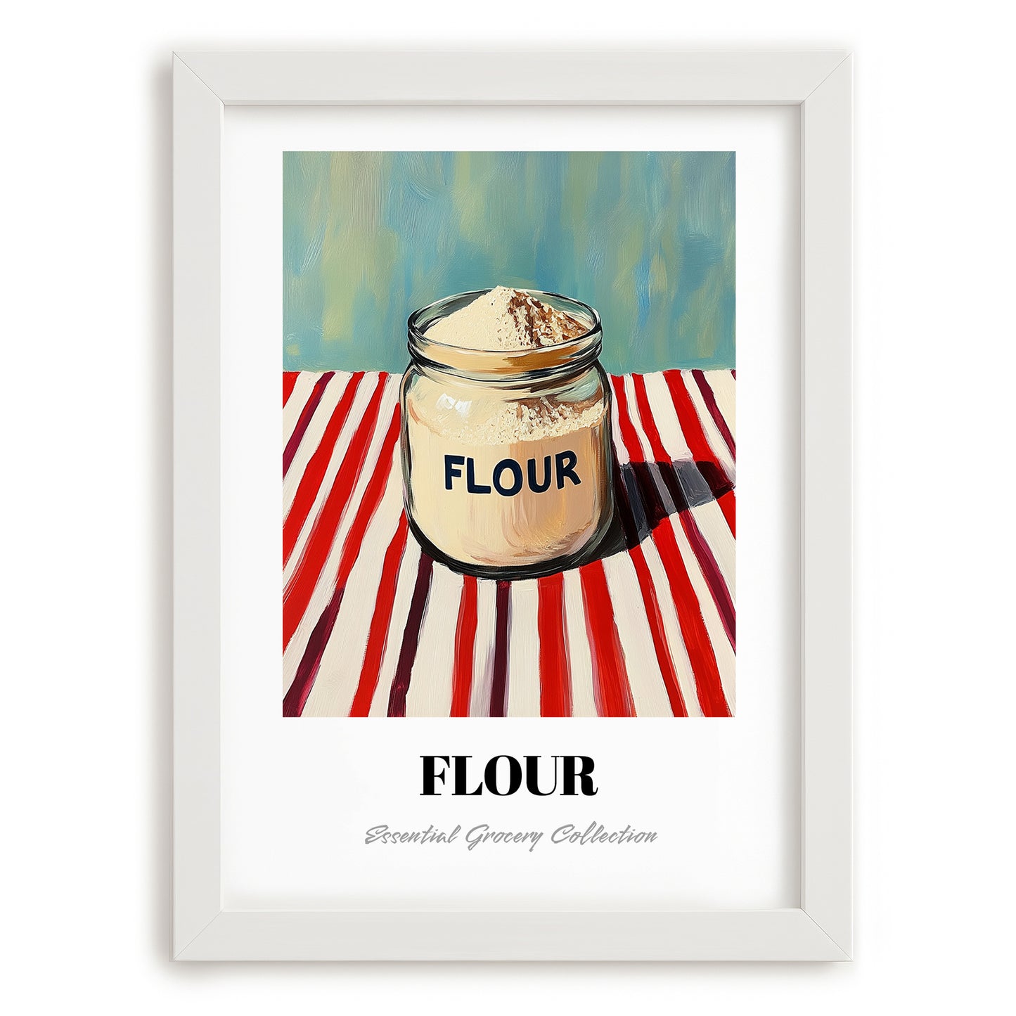 Flour – on Striped Tablecloth, Dough Poster, placed in minimal white frame