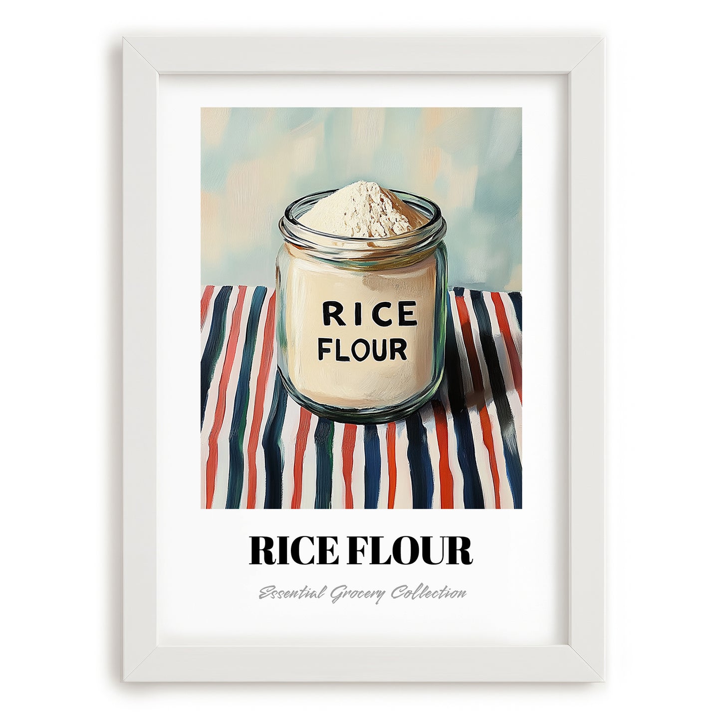 Rice Flour – on Striped Tablecloth, Dough Still Life, placed in minimal white frame
