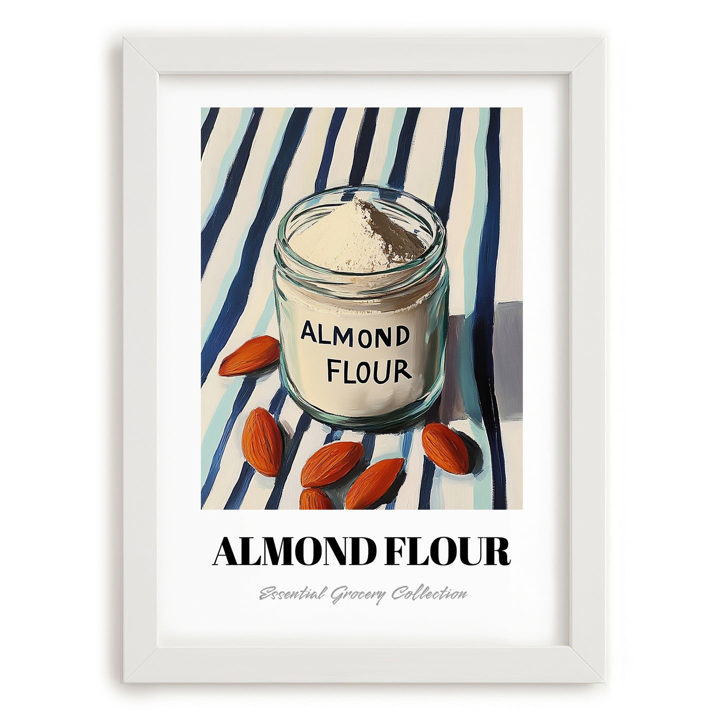 Almond Flour – on Striped Tablecloth, Dough Still Life, placed in minimal white frame