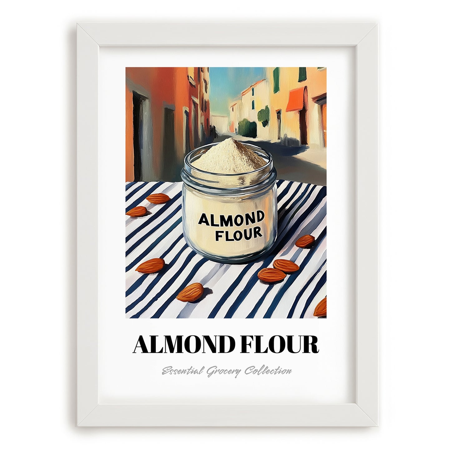 Almond Flour – Italian Urban Café Scene, Dough Wall Art, placed in minimal white frame