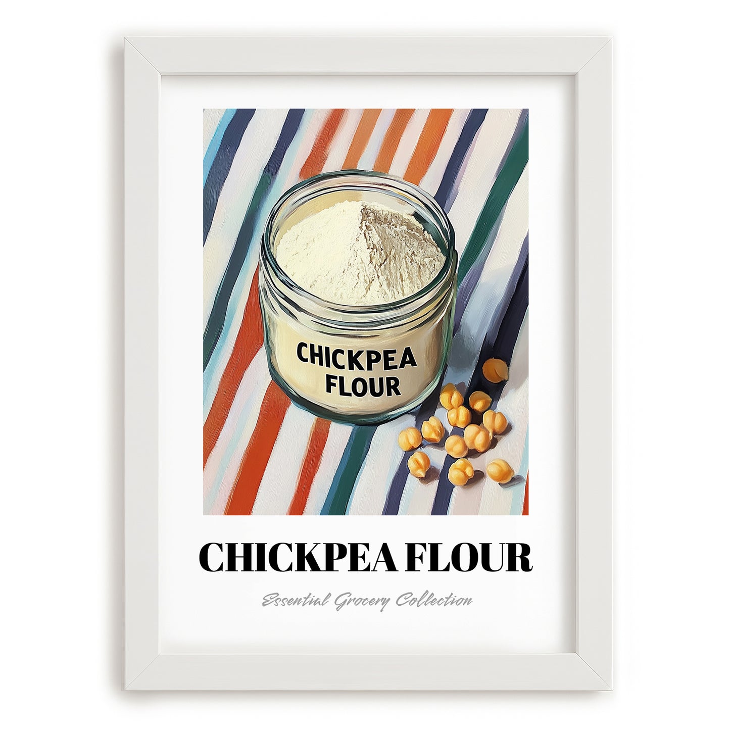 Chickpea Flour – on Striped Tablecloth, Dough Still Life, placed in minimal white frame