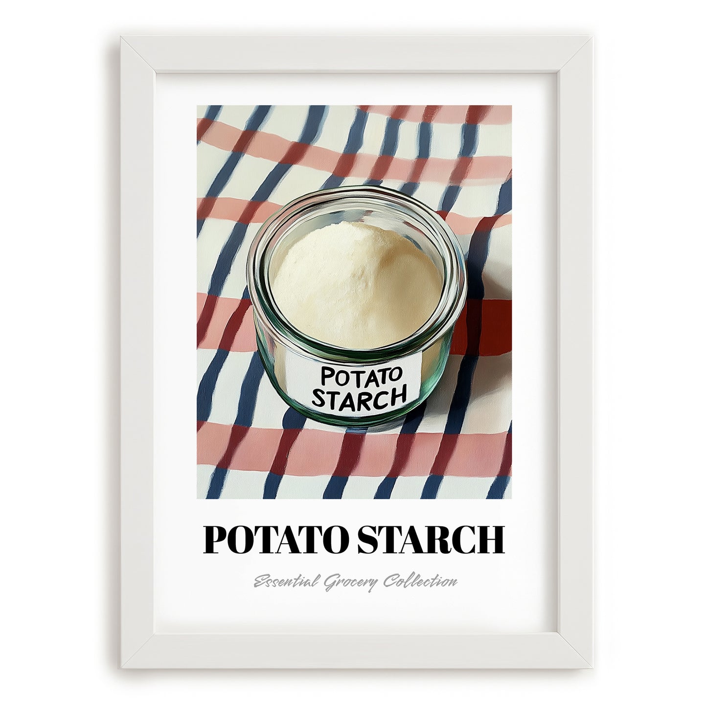 Potato Starch – on Striped Tablecloth, Sweetener Painting, placed in minimal white frame