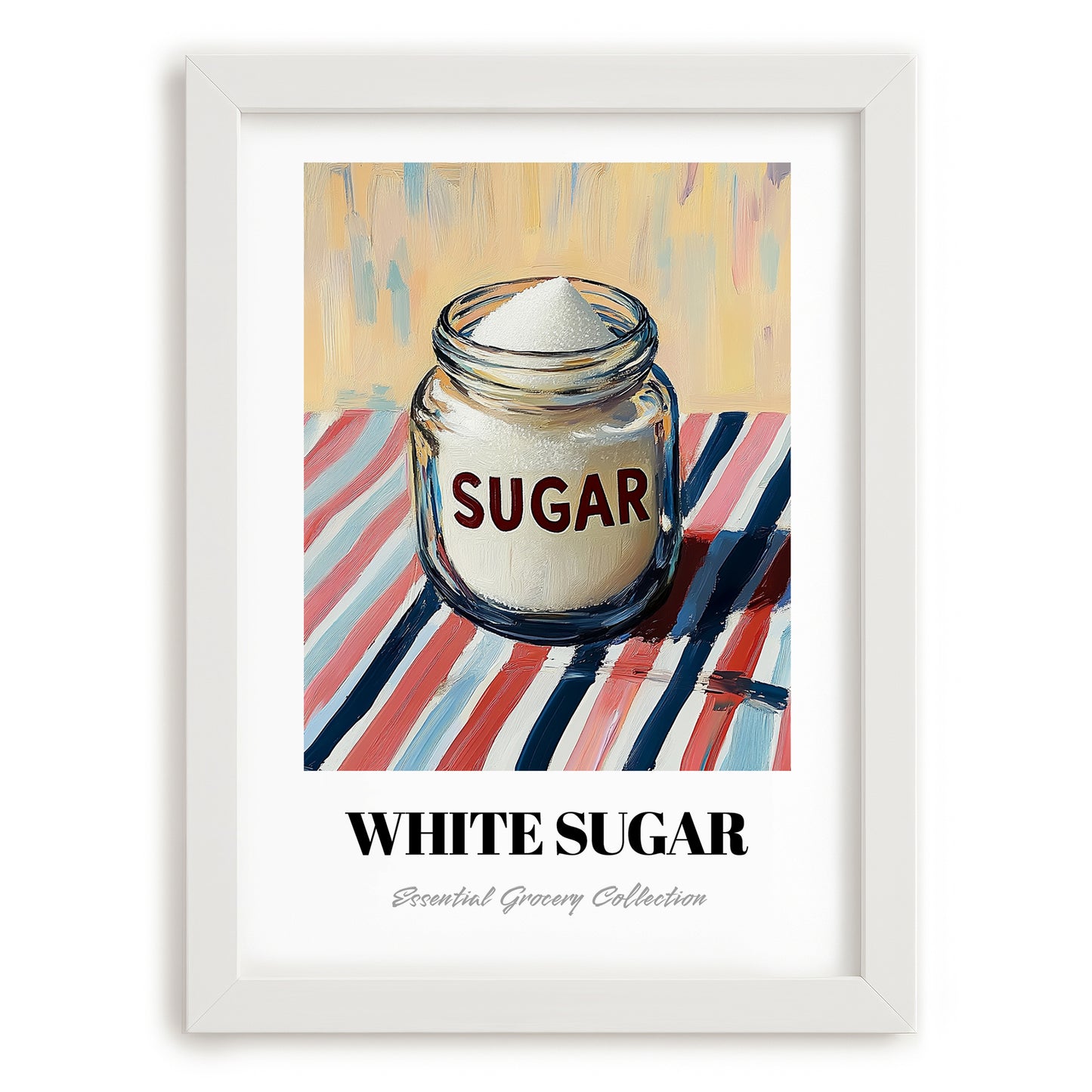 White Sugar – on Striped Tablecloth, Sweetener Still Life, placed in minimal white frame