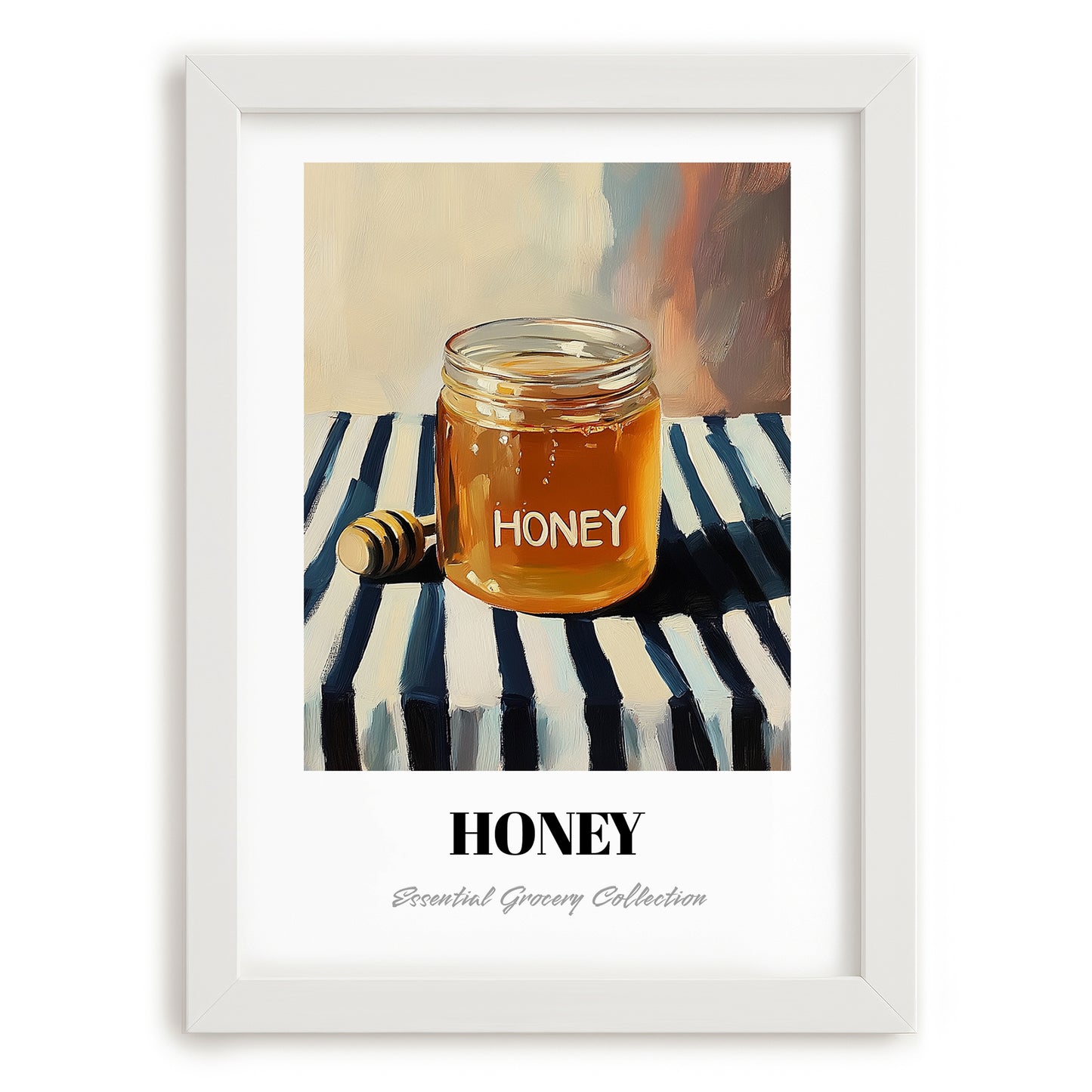 Honey – on Striped Tablecloth, Sweetener Illustration, placed in minimal white frame