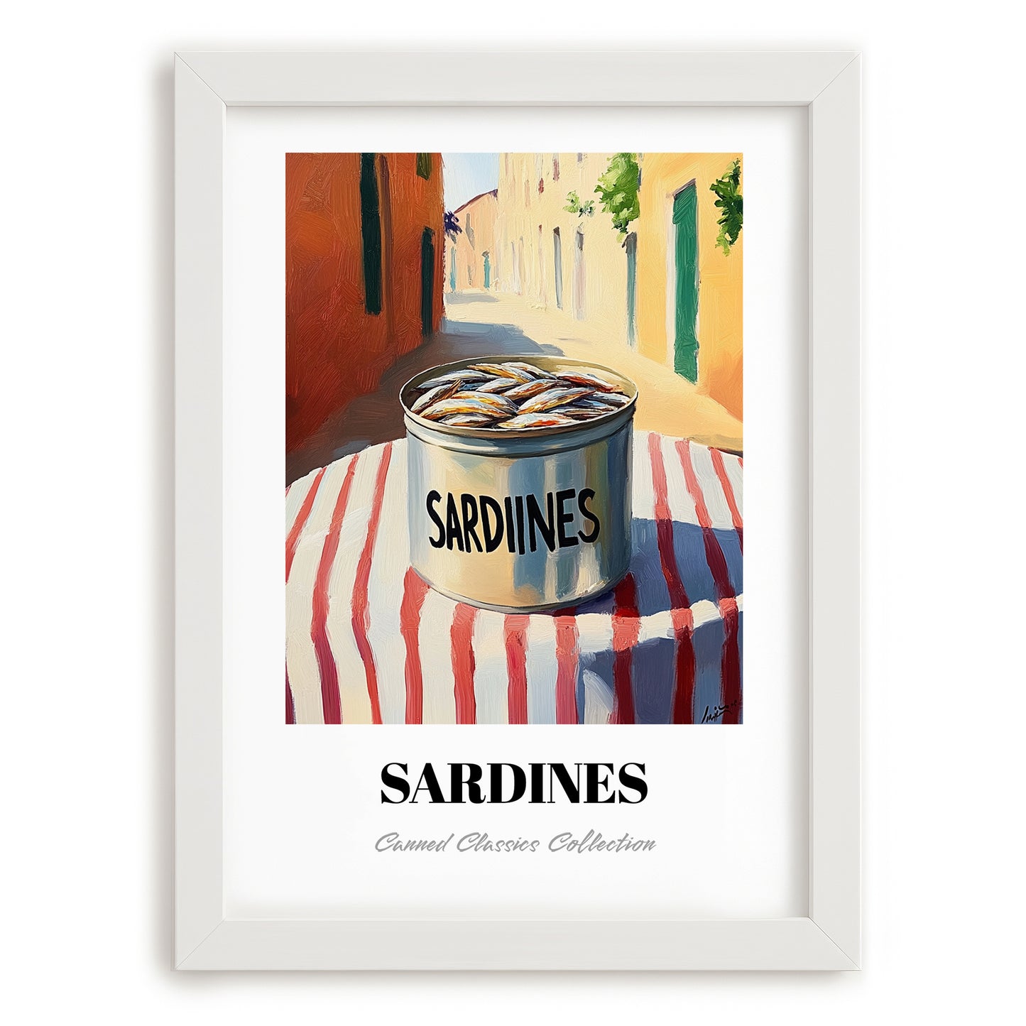 Sardines – Italian Outdoor Café Scene, Canned Food Illustration, placed in minimal white frame