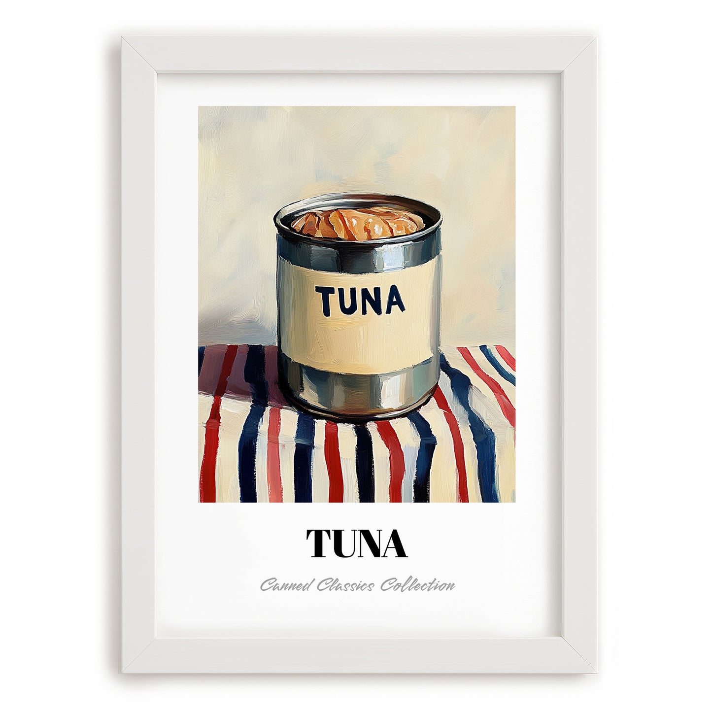 Tuna – on Striped Tablecloth, Canned Food Still Life, placed in minimal white frame