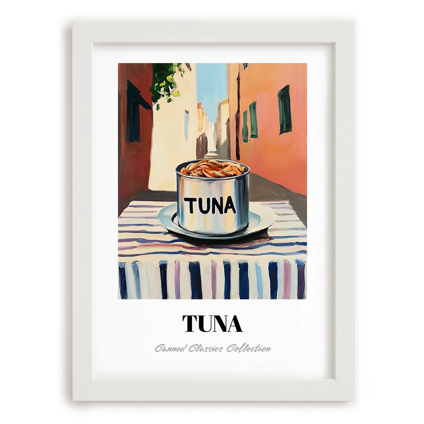 Tuna – Italian Street Café Scene, Canned Food Painting, placed in minimal white frame