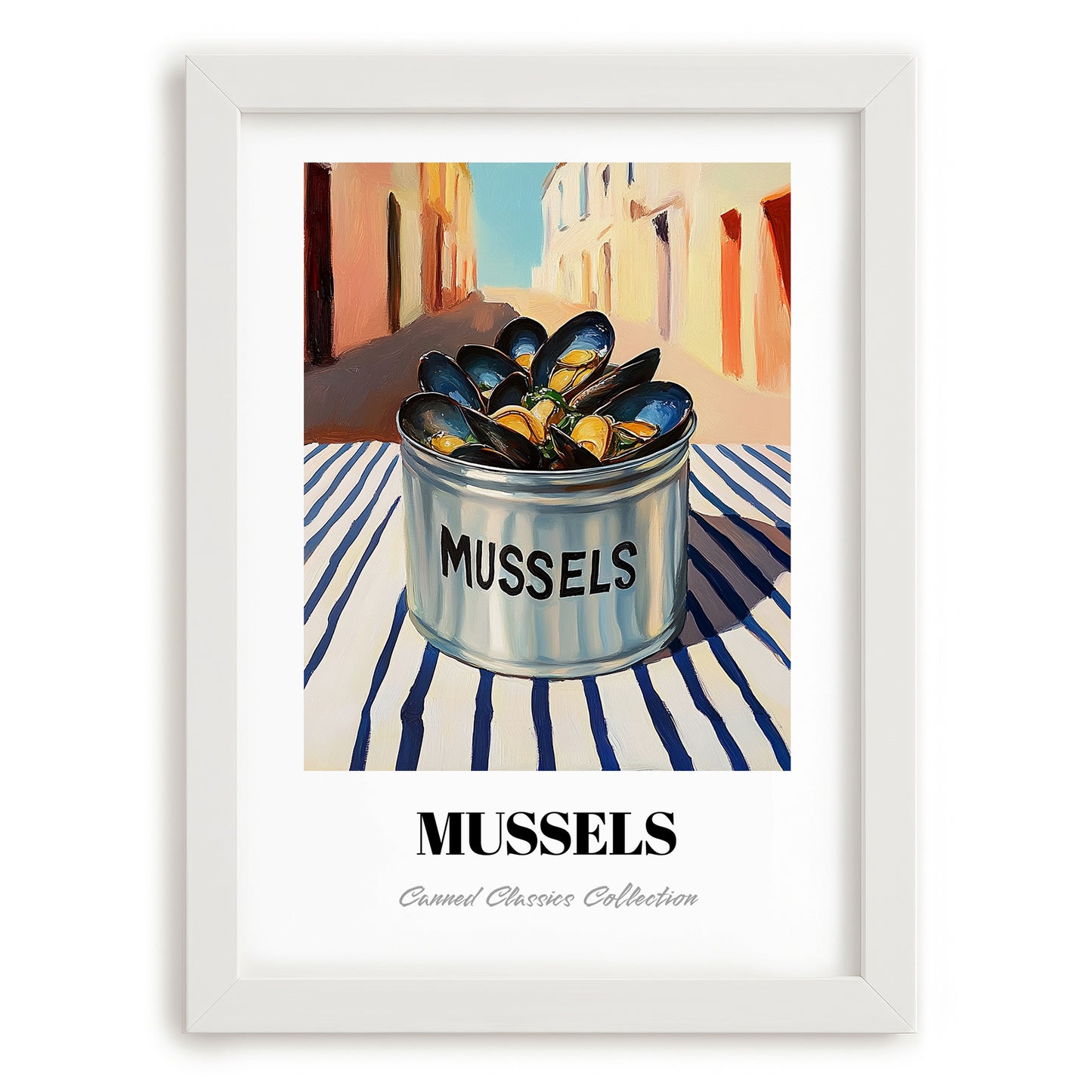 Mussels – Italian Outdoor Café Scene, Canned Food Wall Painting, placed in minimal white frame