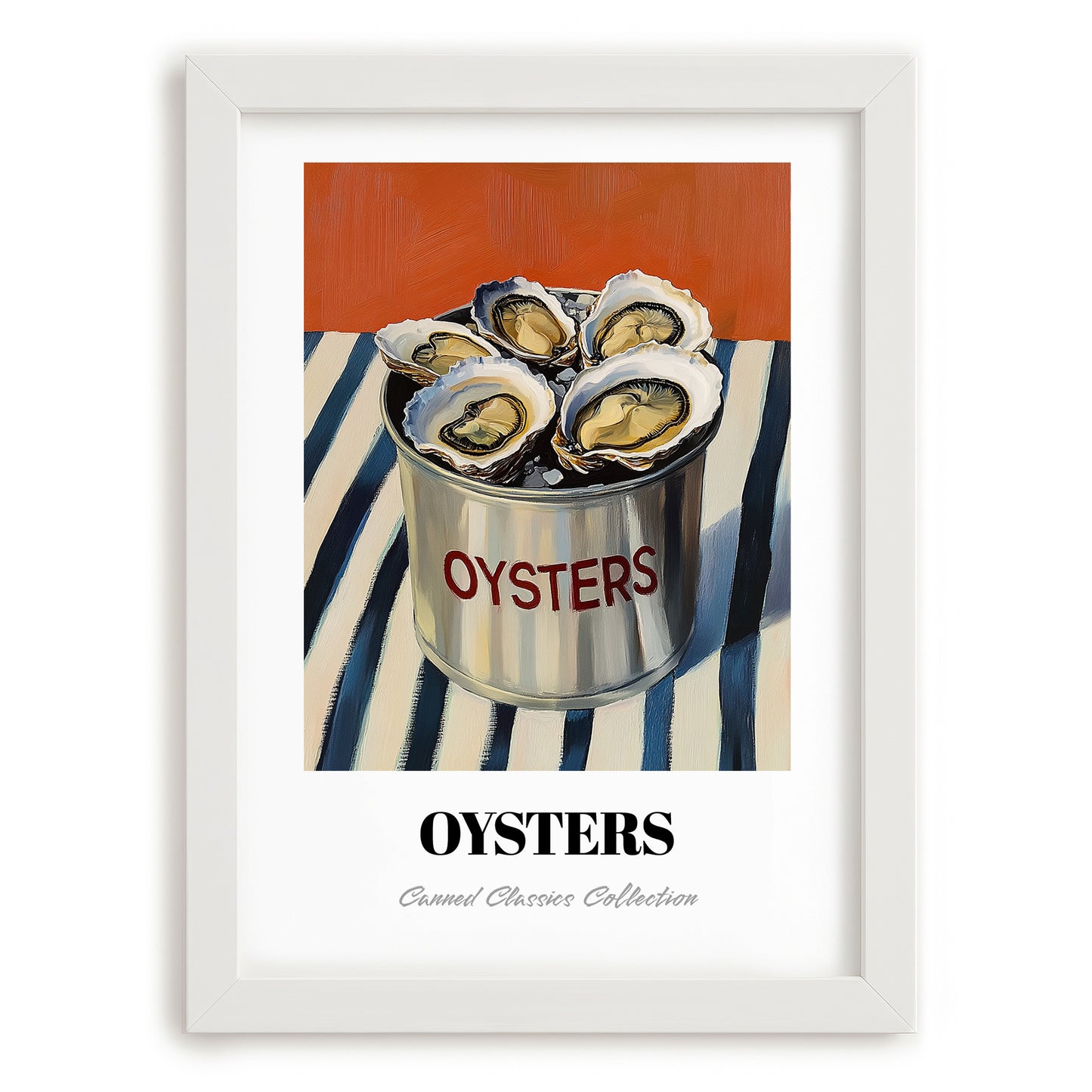 Oysters – on Striped Tablecloth, Canned Food Wall Illustration, placed in minimal white frame