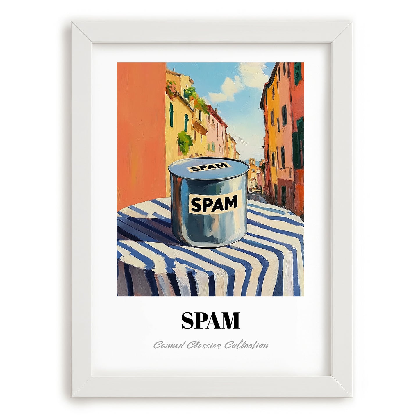 Spam – Italian Urban Café Scene, Canned Food Poster, placed in minimal white frame