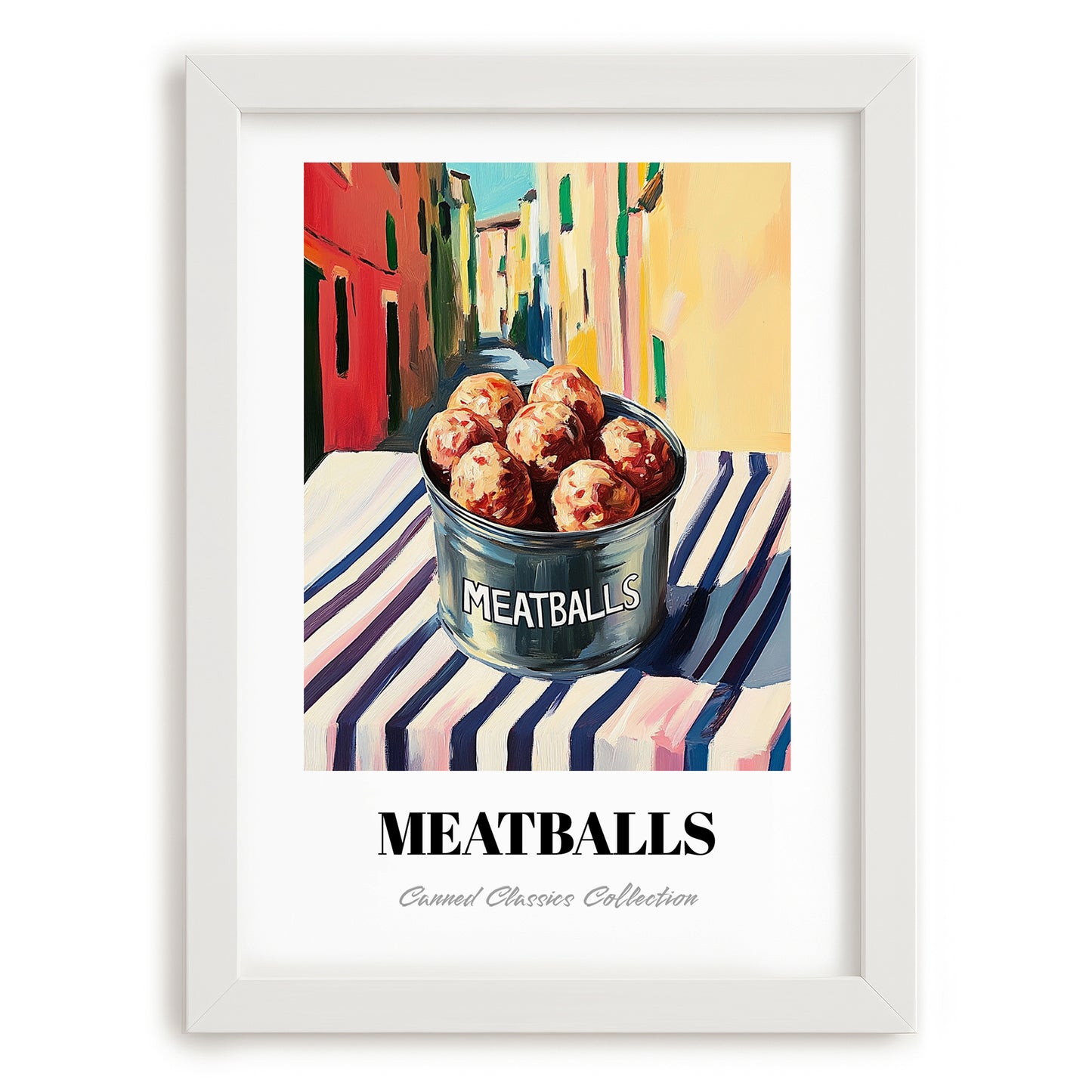 Meatballs – Italian Outdoor Café Scene, Canned Food Illustration, placed in minimal white frame