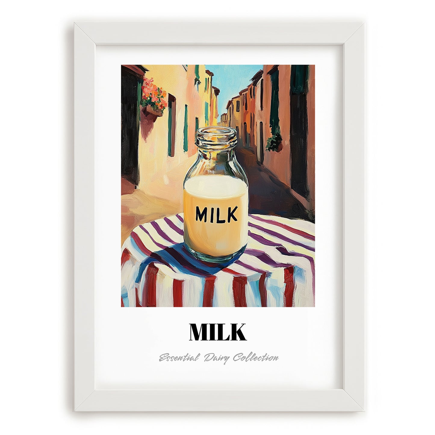 Milk – Italian Café on the Corner, Dairy Painting, placed in minimal white frame