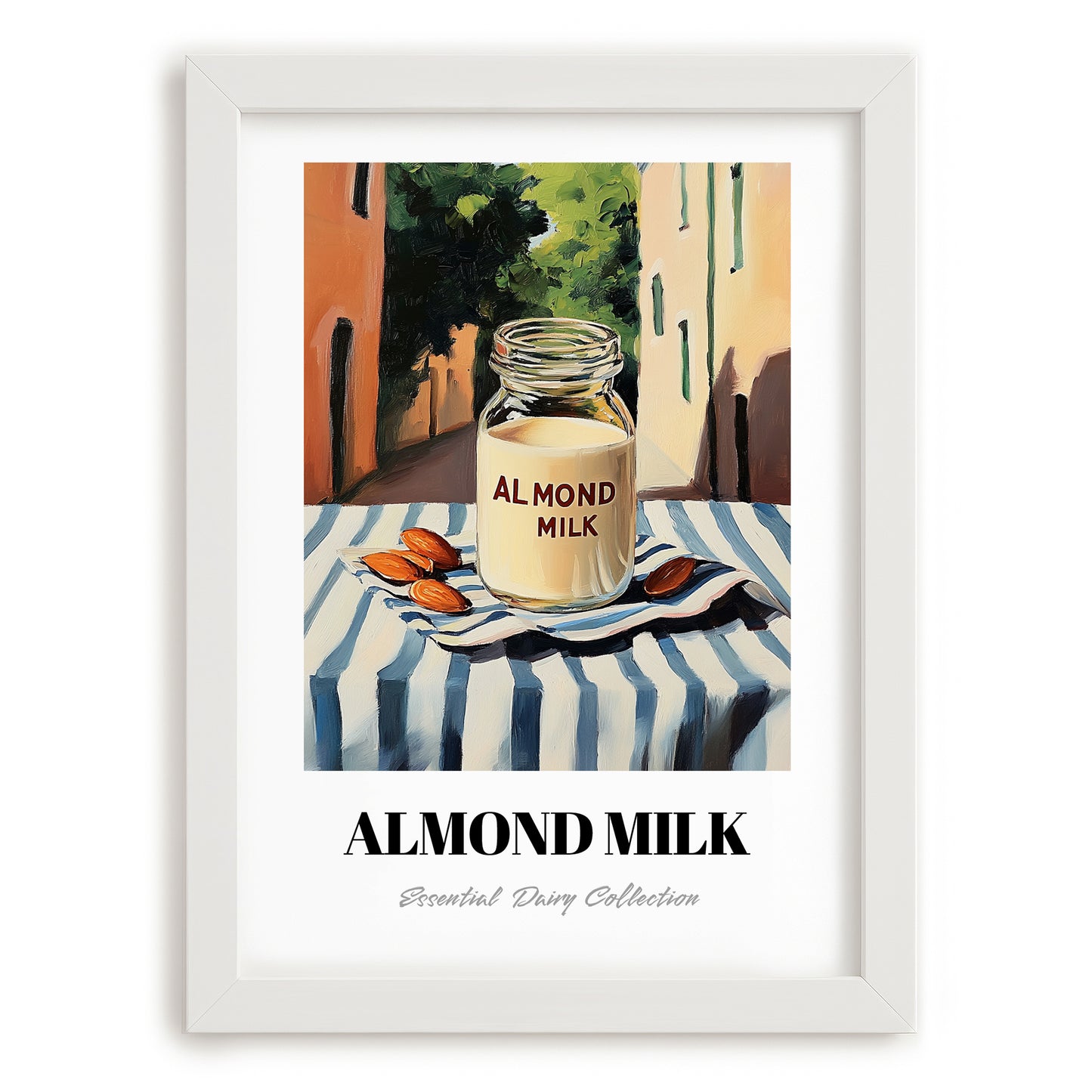 Almond Milk – Italian Outdoor Café Scene, Dairy Wall Decor, placed in minimal white frame
