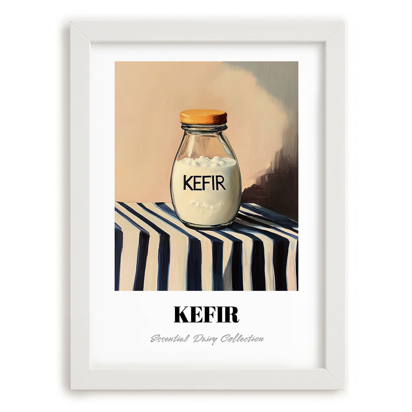 Kefir – on Striped Tablecloth, Dairy Wall Decor, placed in minimal white frame