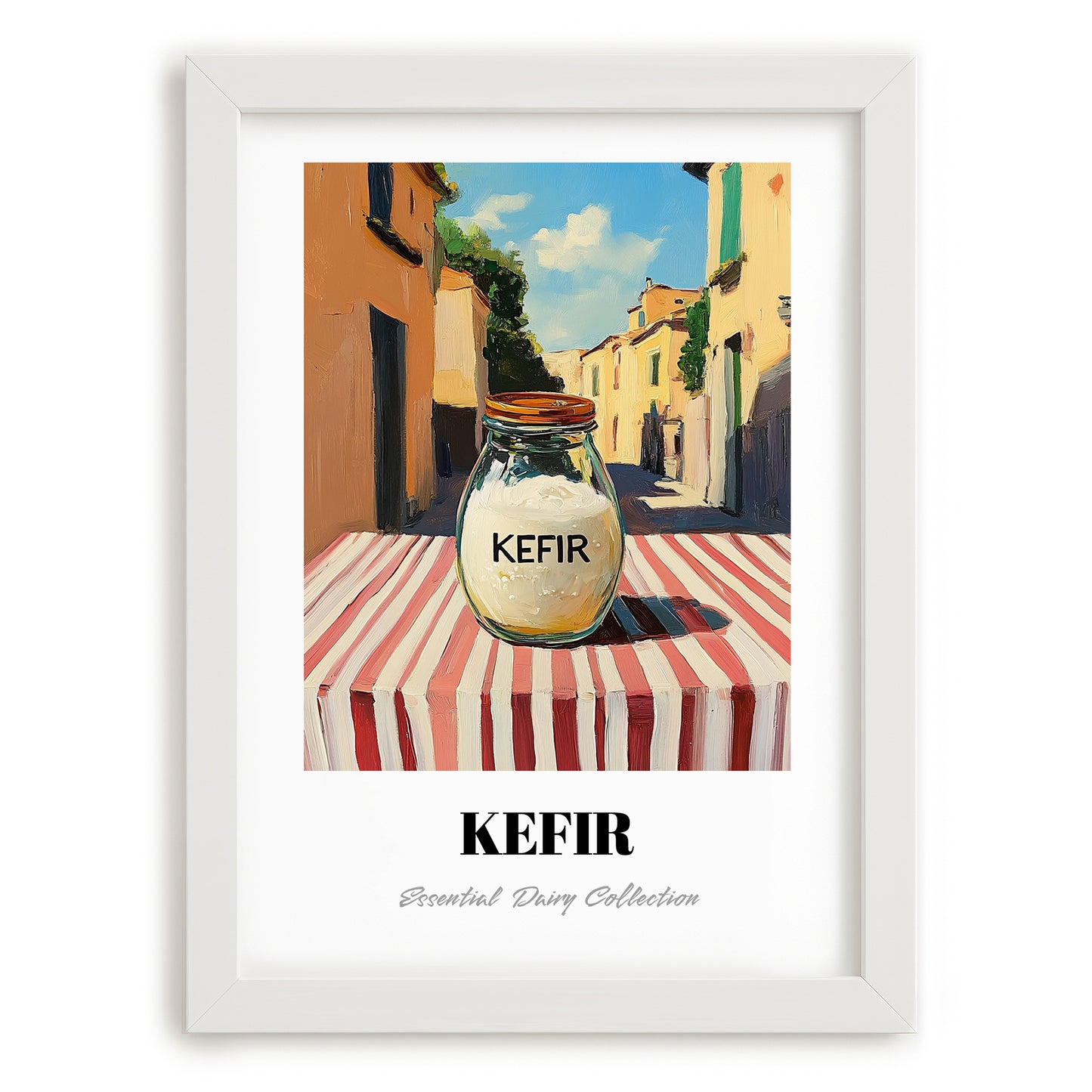Kefir – Italian Urban Café Scene, Dairy Wall Decor, placed in minimal white frame