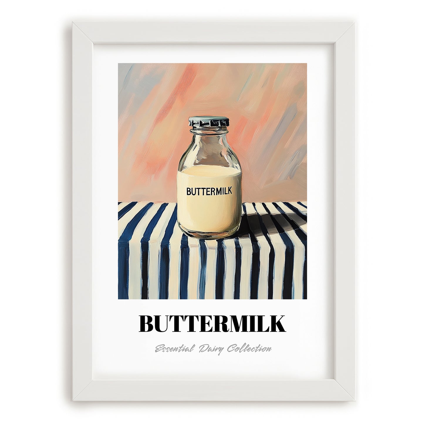 Buttermilk – on Striped Tablecloth, Dairy Wall Decor, placed in minimal white frame