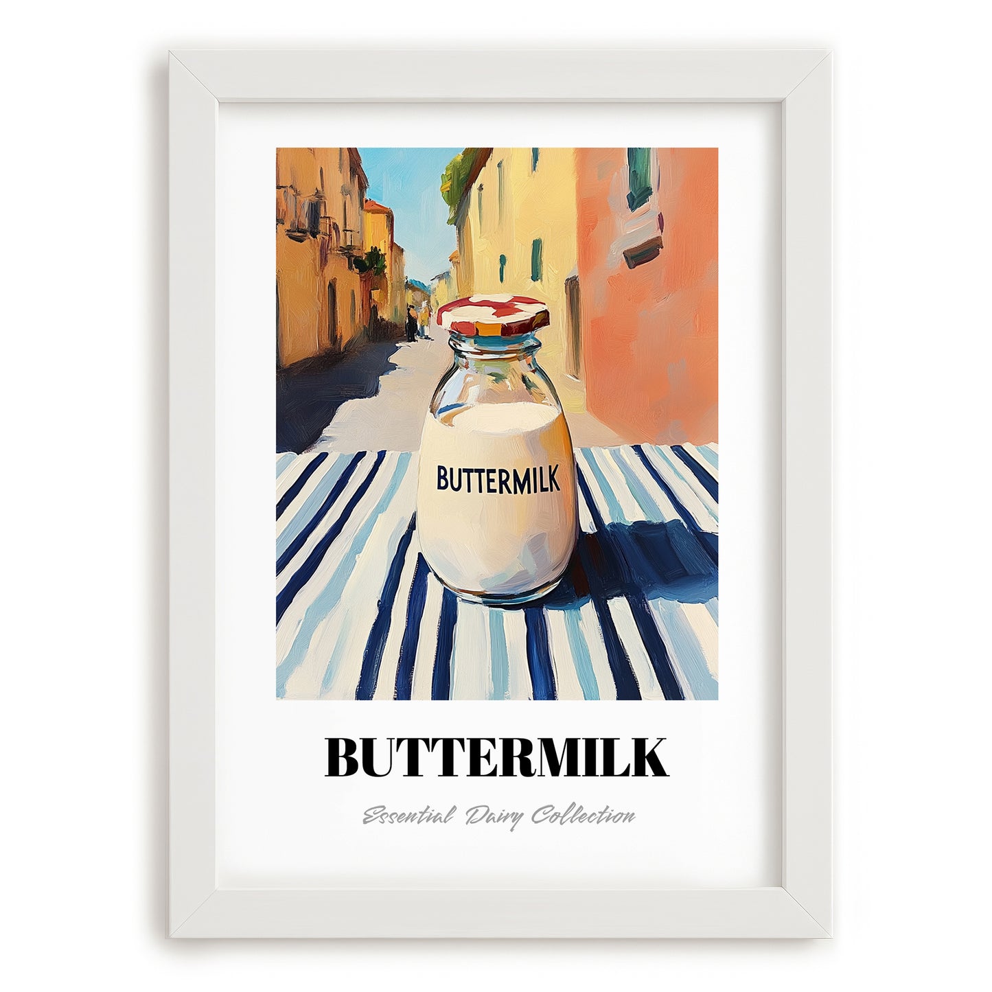 Buttermilk – Italian Street Café Scene, Dairy Still Life, placed in minimal white frame