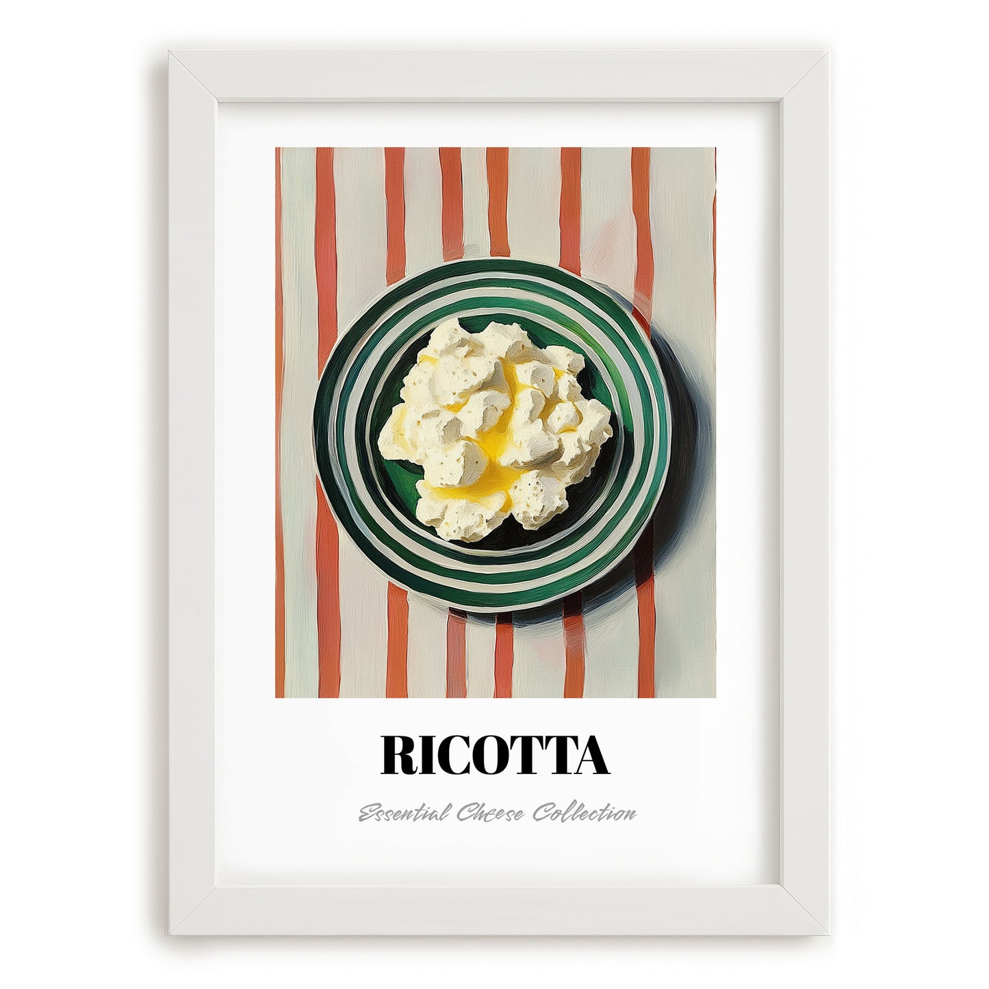 Ricotta – on Striped Tablecloth, Cheese Wall Decor, placed in minimal white frame