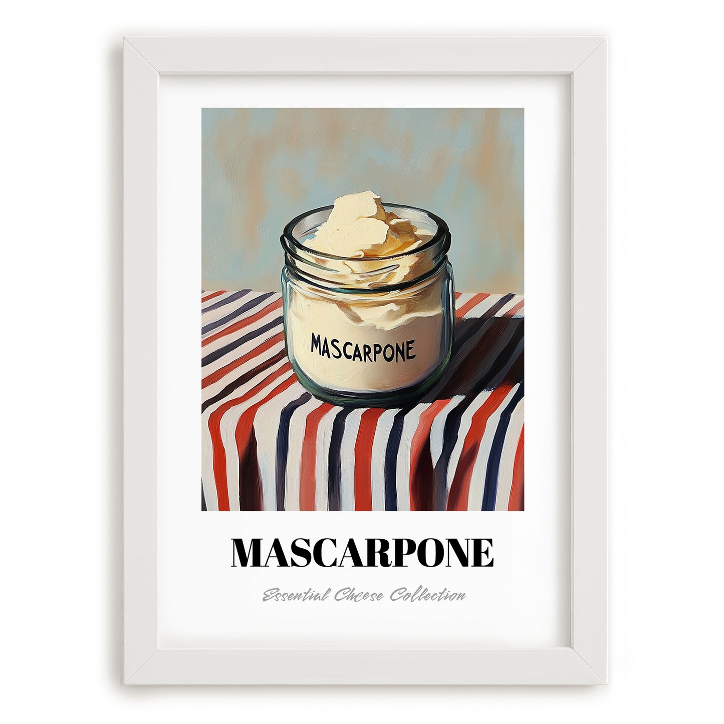 Mascarpone – on Striped Tablecloth, Cheese Print, placed in minimal white frame